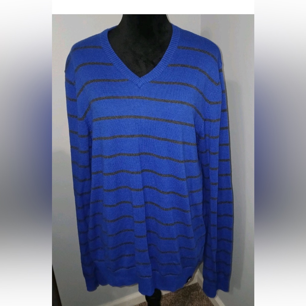 Aeropostale men’s blue & grey striped long sleeve v neck sweater size xl